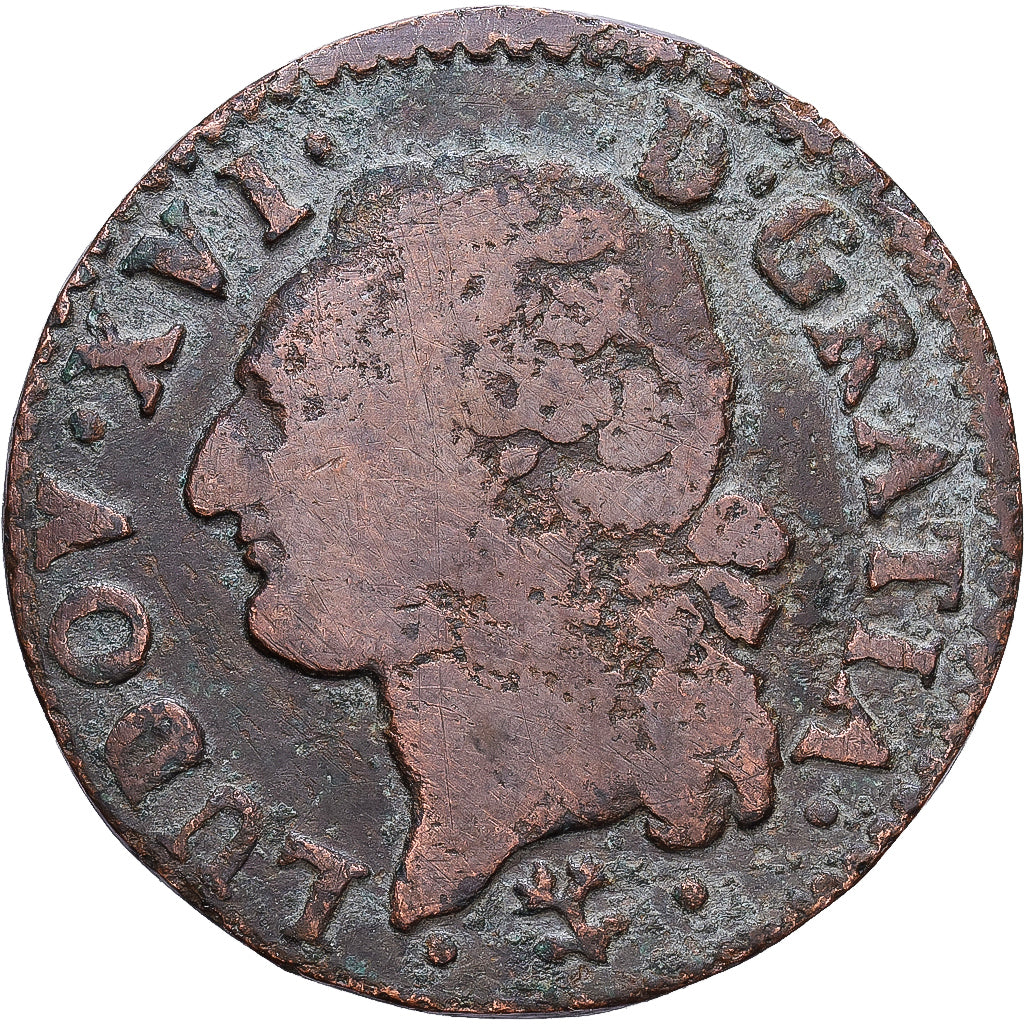 França, Louis XVI, 1/2 Sol ou 1/2 sou, 1785, Bayonne, Cobre, F(12-15)