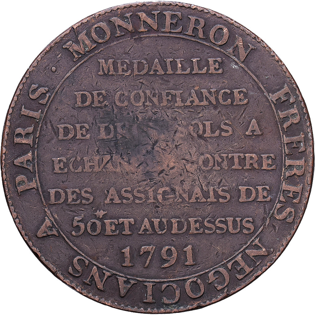 França, 2 Sols, Monneron, 1791, Birmingham, Bronze, VF(20-25), Brandon:217