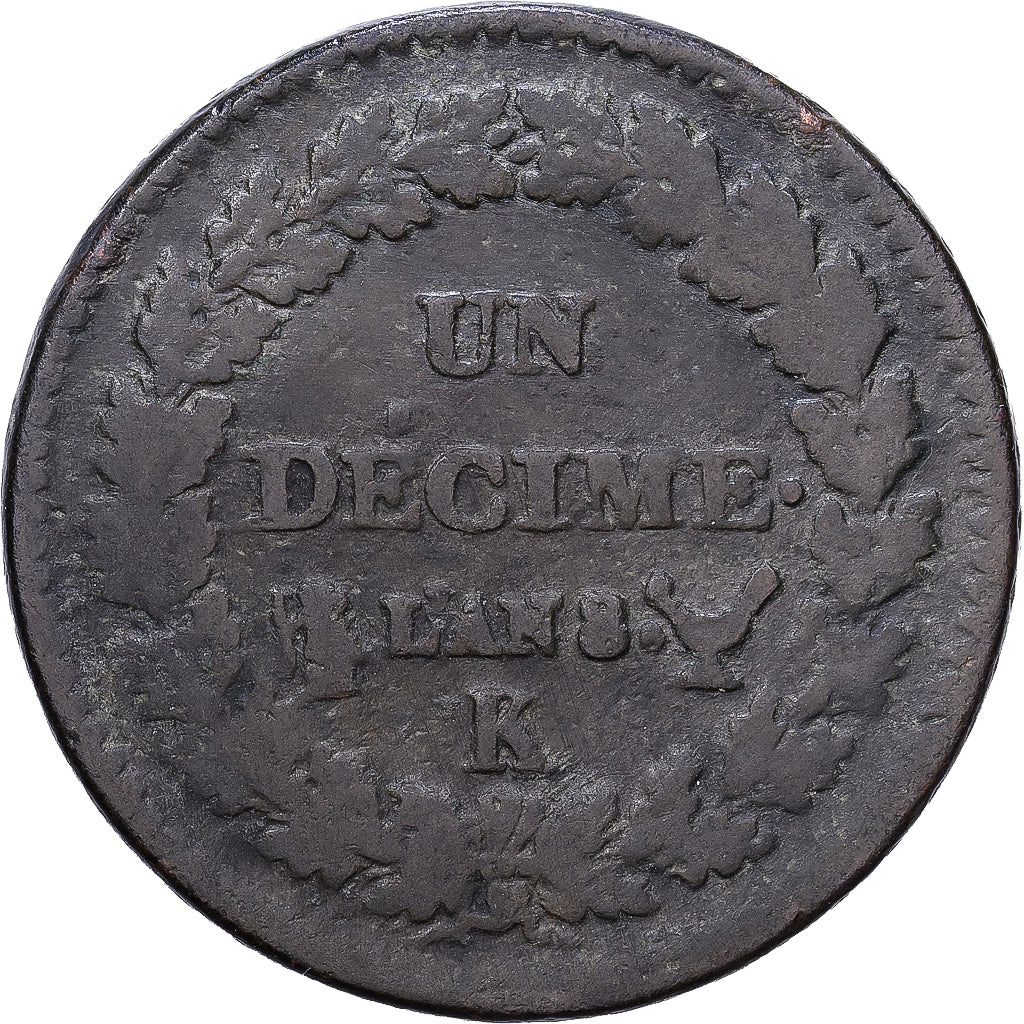 France, Un Décime, Dupré, AN 8, Bordeaux, Bronze, VF(30-35), Gadoury:187a