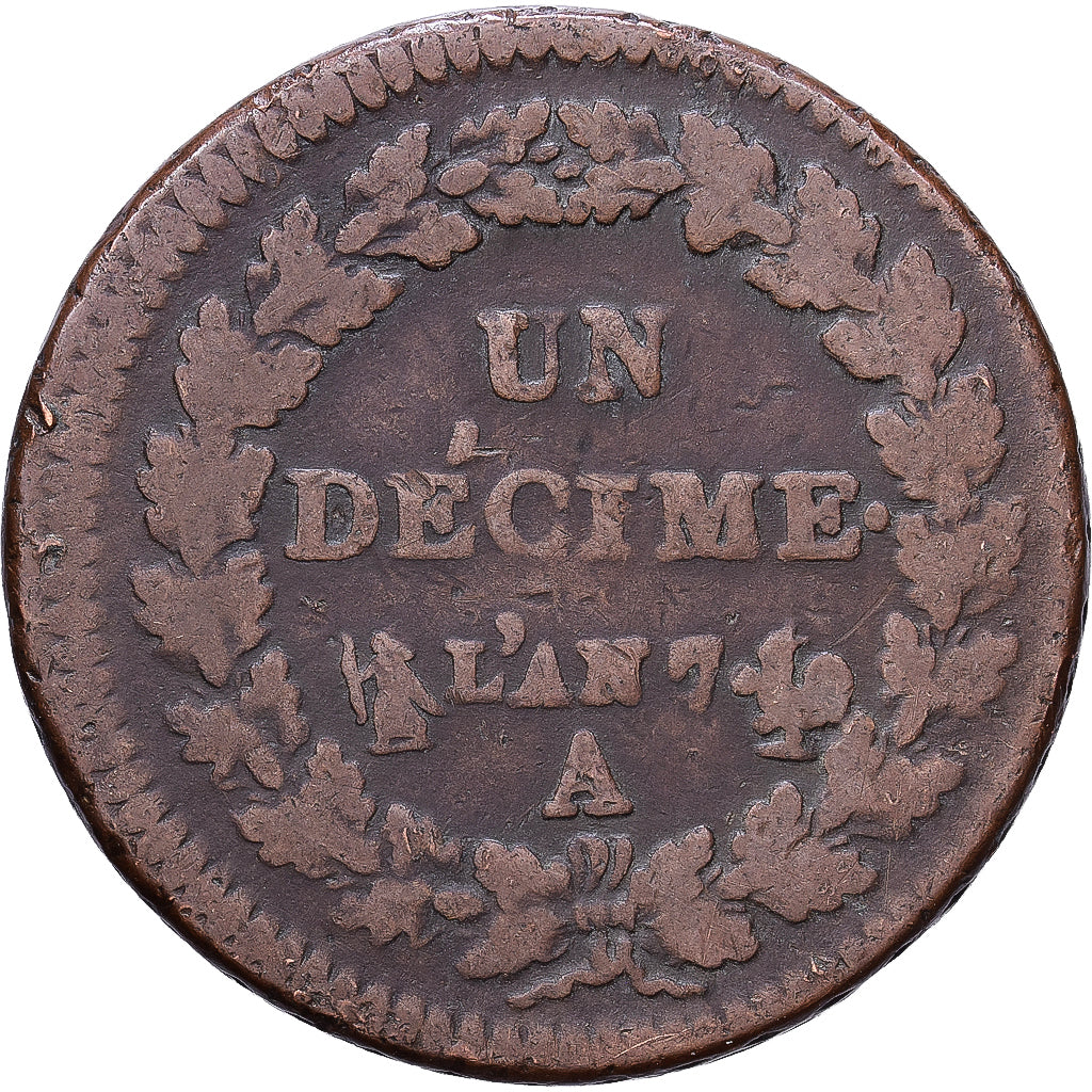 Francja, Un Décime, Dupré, AN 7, Paris, Brązowy, VF(30-35), Gadoury:187
