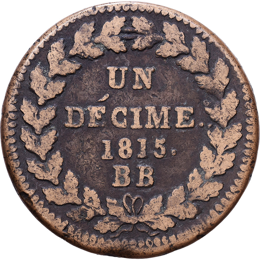Francia, Napoleon I, Un Décime, 1815., Strasbourg, Bronzo, MB+, Gadoury:195e