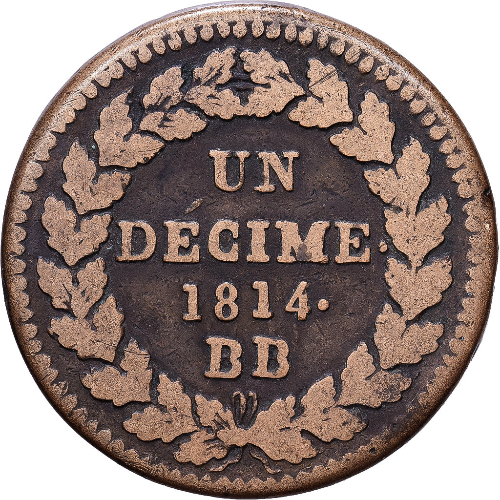Frankreich, Napoleon I, Un Décime, 1814., Strasbourg, Bronze, S+, Gadoury:195b