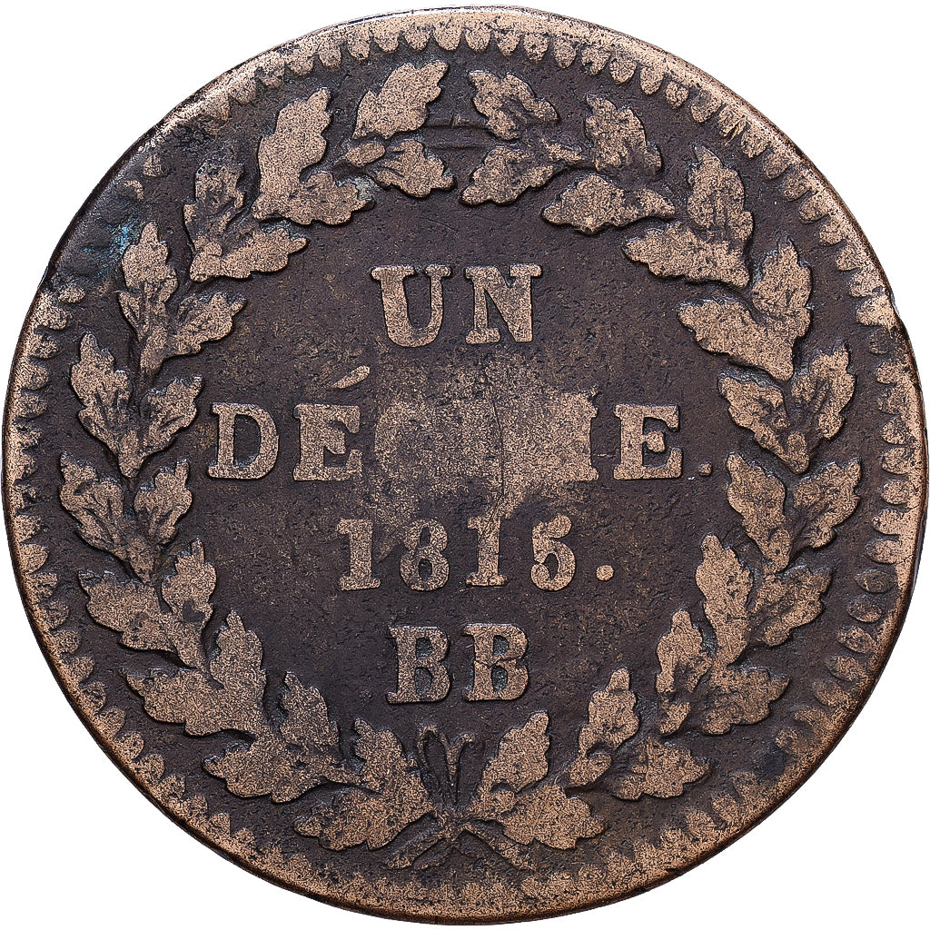 Francja, Louis XVIII, Un Décime, 1815., Strasbourg, Brązowy, VF(20-25)