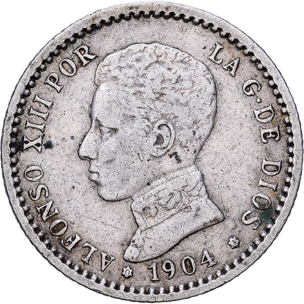 España, Alfonso XIII, 50 Centimos, 1904, Valencia, Plata, BC+, KM:723