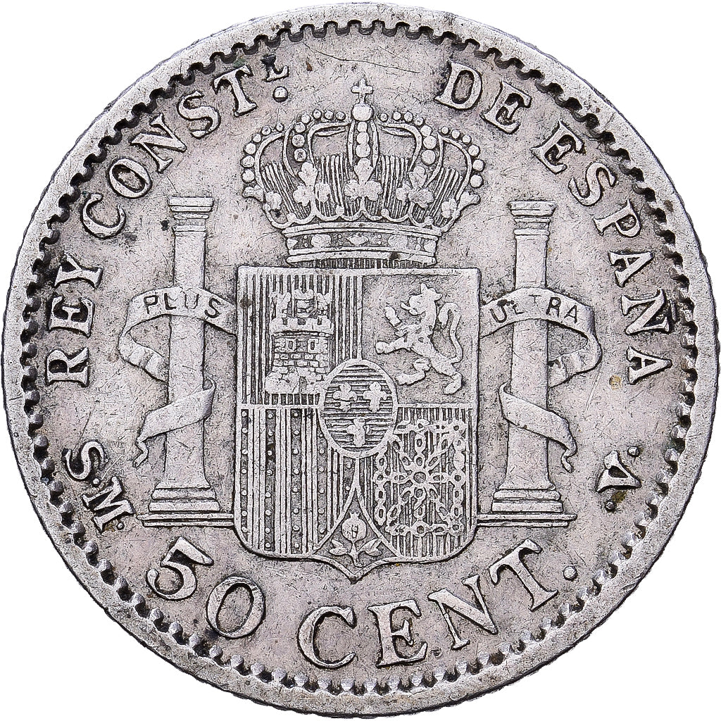 España, Alfonso XIII, 50 Centimos, 1904, Valencia, Plata, BC+, KM:723