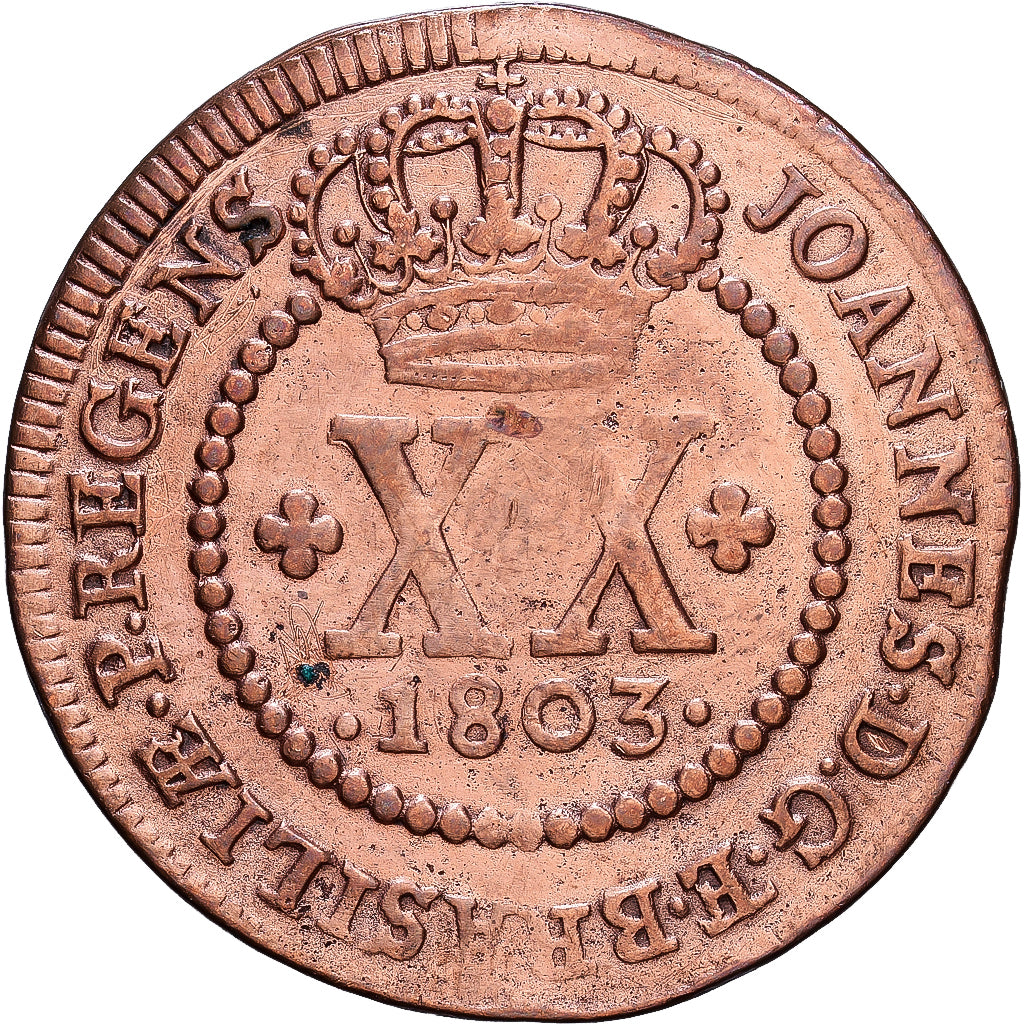 Brazilië, Joao, 20 Reis, 1803, Lisbon, Koper, ZF, KM:233.1