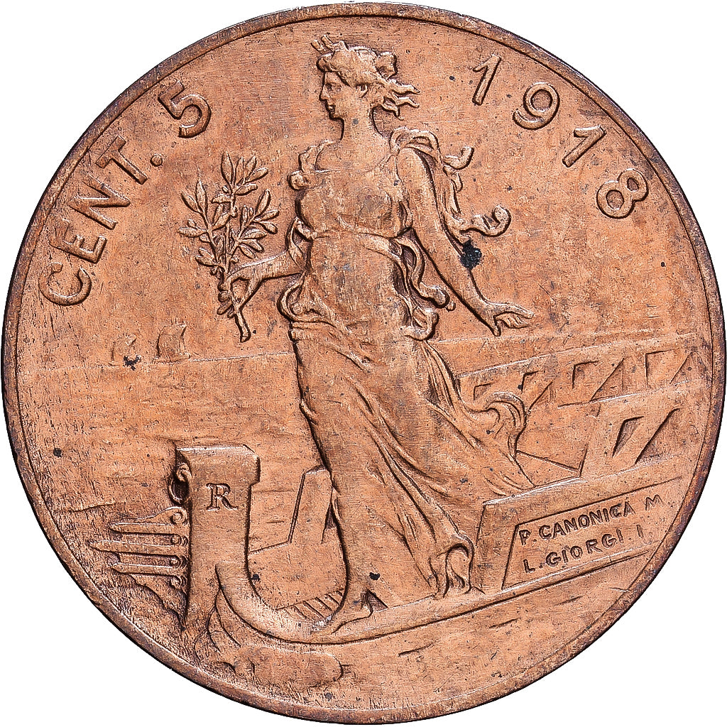 Italia, Vittorio Emanuele III, 5 Centesimi, 1918, Rome, Bronce, MBC+, KM:42