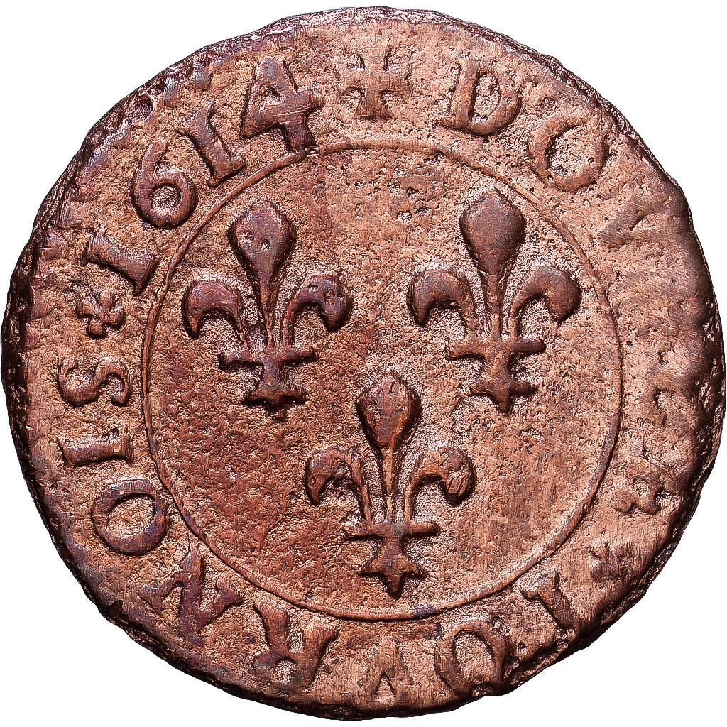 Francia, Louis XIII, Double Tournois, buste enfantin, 1614, Rame, MB, Gadoury:6