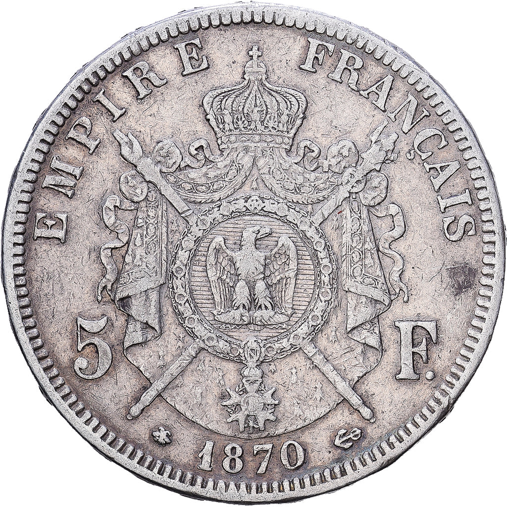 Francia, Napoleon III, 5 Francs, 1870, Paris, Argento, BB, Gadoury:739, KM:799.1