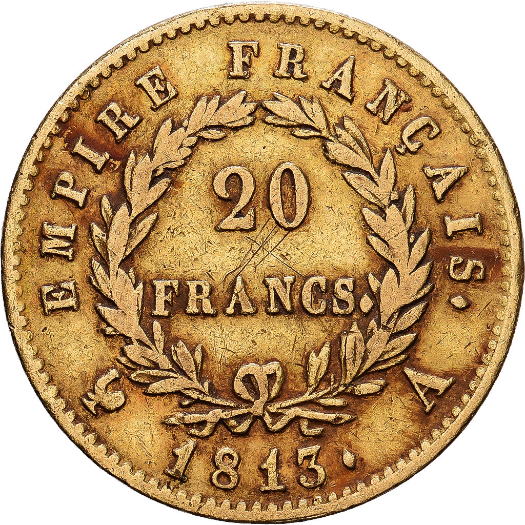 França, Napoleon I, 20 Francs, 1813, Paris, Dourado, VF(30-35), Gadoury:1025