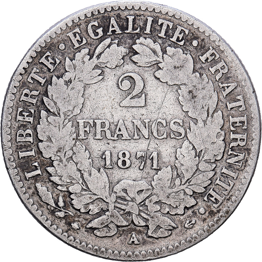 França, 2 Francs, Cérès, 1871, Paris, Large A, Prata, VF(30-35), Gadoury:530