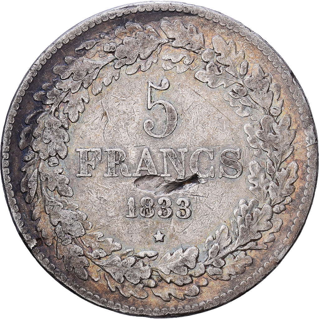 Belgium, Leopold I, 5 Francs, 5 Frank, 1833, Brussels, Silver, VF(30-35), KM:3.1