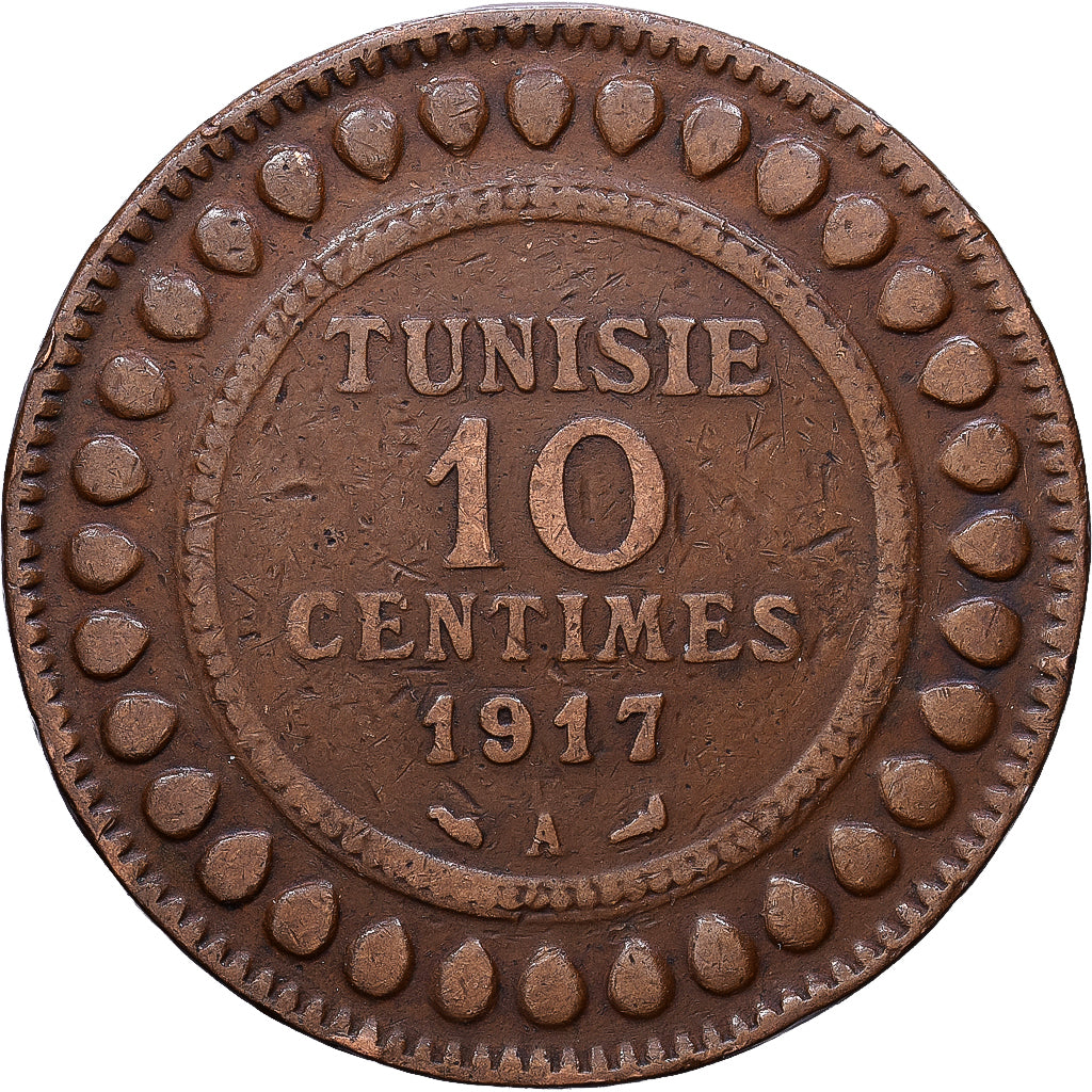Tunesien, Muhammad al-Nasir Bey, 10 Centimes, 1917/AH1335, Paris, Bronze, SS+