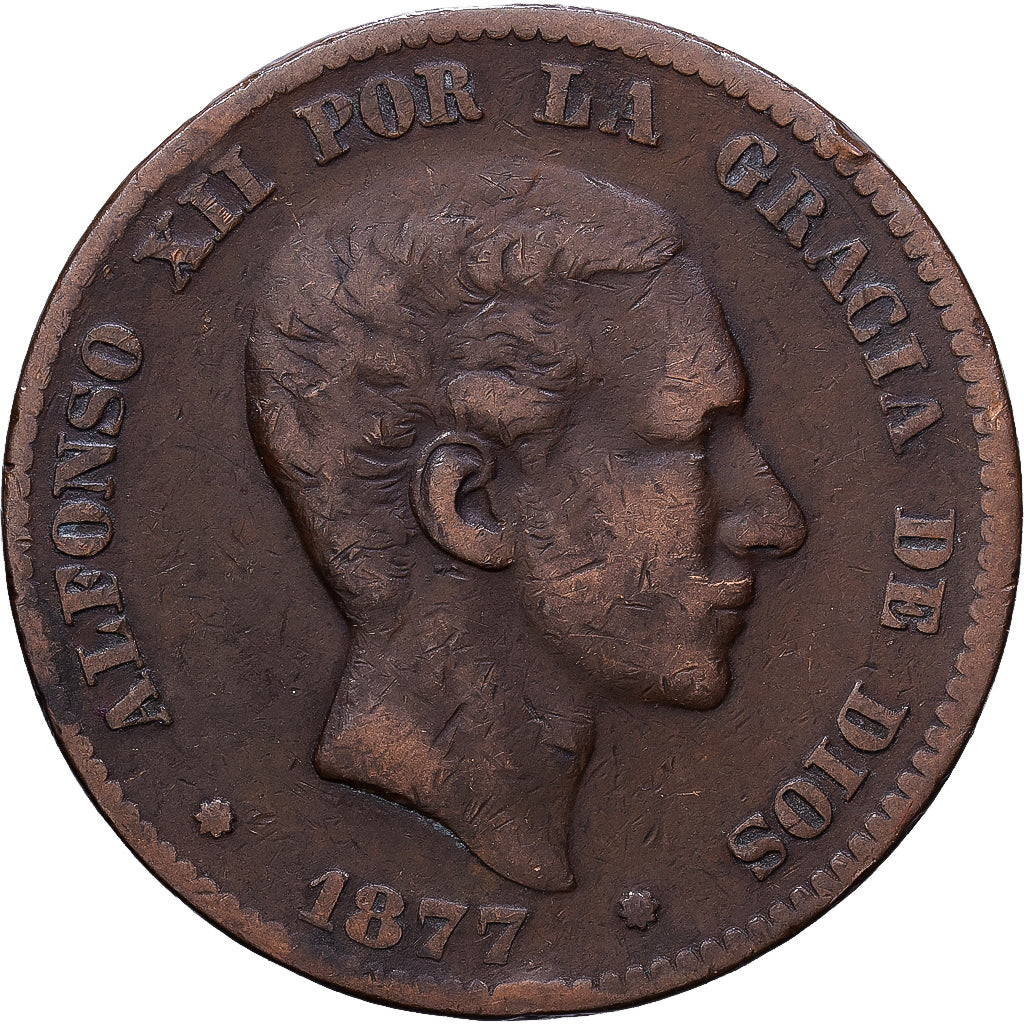 Spain, Alfonso XII, 10 Centimos, 1877, Madrid, Bronze, EF(40-45), KM:675