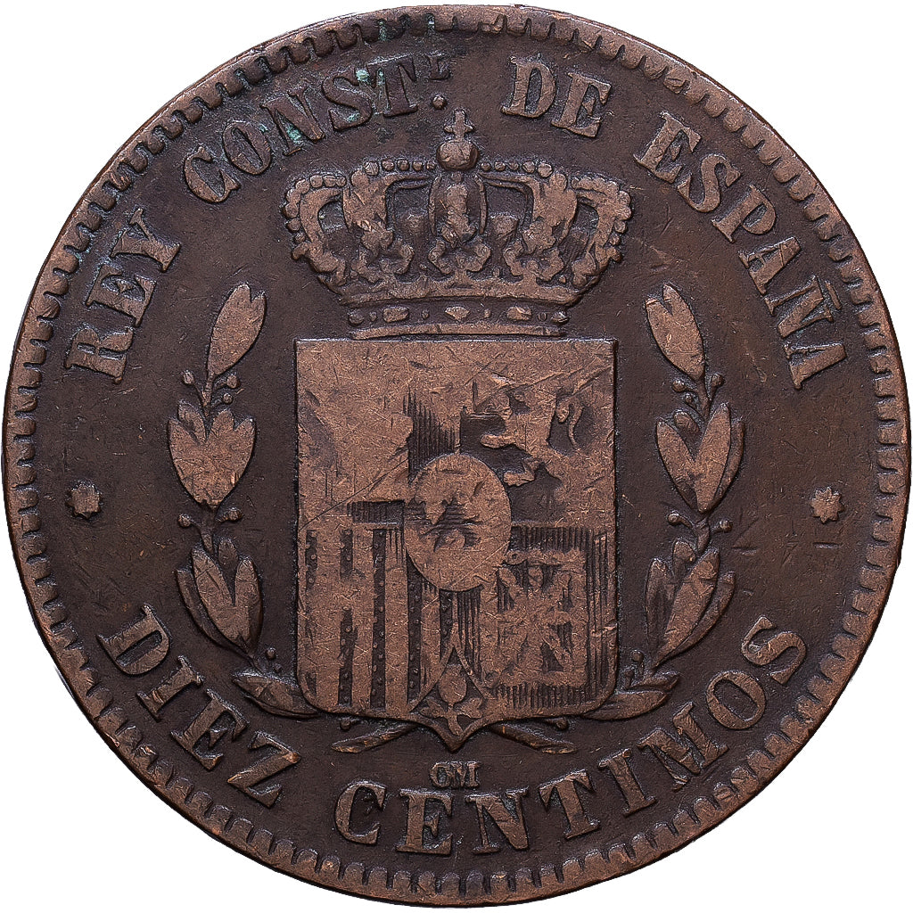 Spain, Alfonso XII, 10 Centimos, 1877, Madrid, Bronze, EF(40-45), KM:675