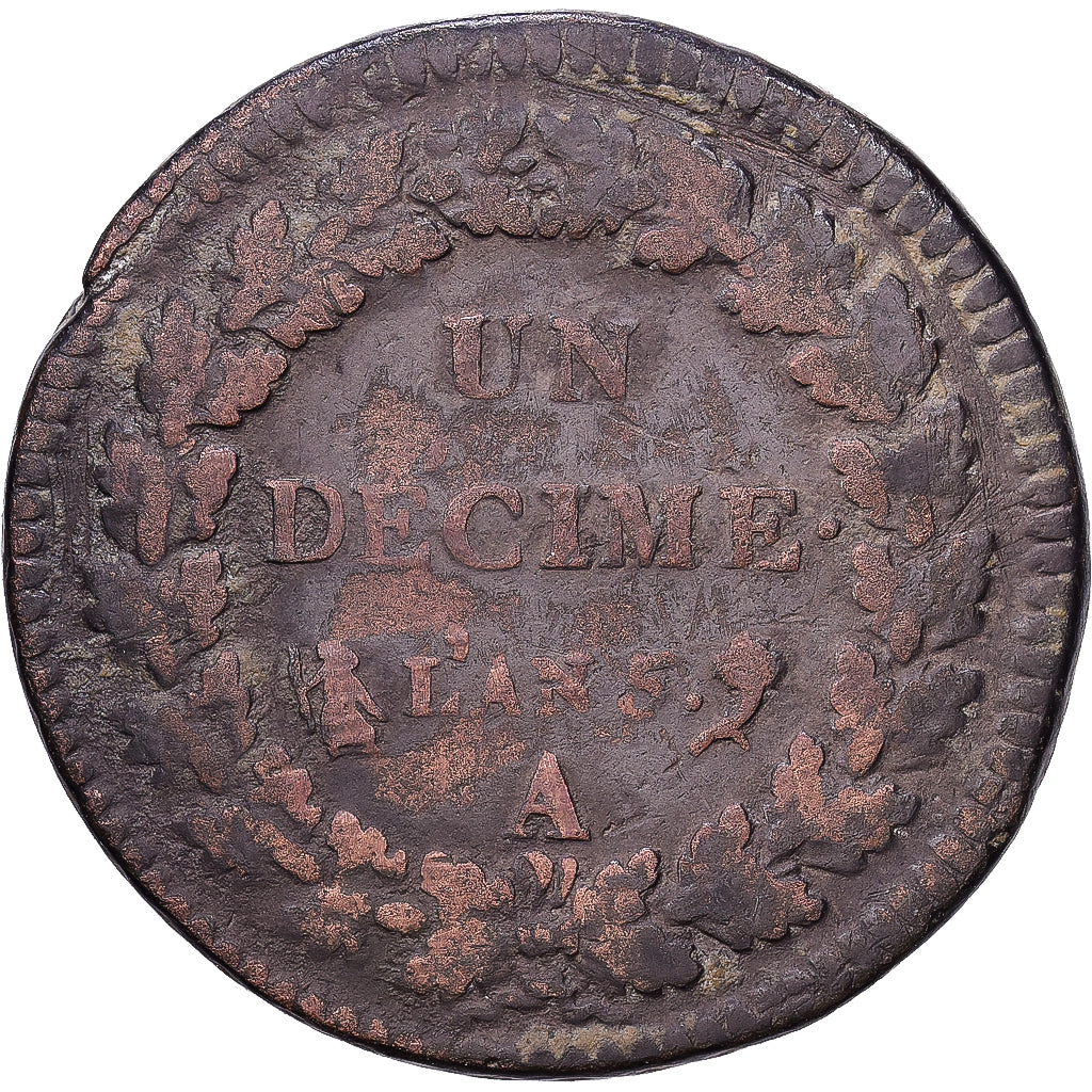 France, Decime, Dupré, 1793 / AN 5, Paris, Bronze, TB, Gadoury:187, KM:645.1