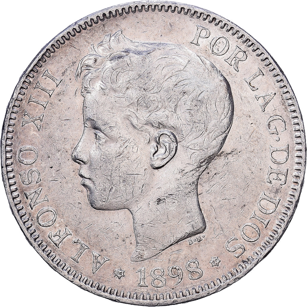 Spain, Alfonso XIII, 5 Pesetas, 1898, Valencia, Silver, AU(50-53), KM:707