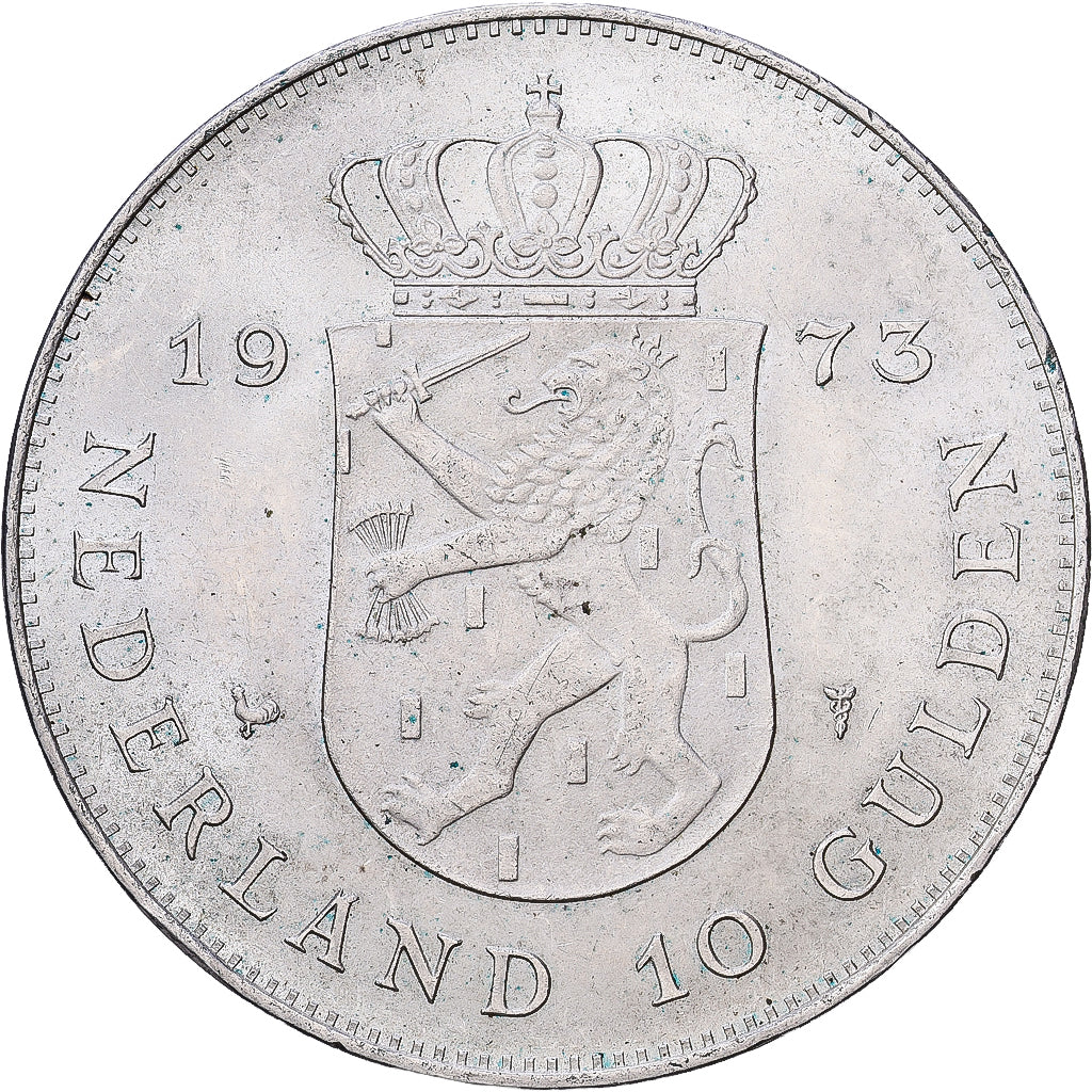 Paesi Bassi, Juliana, 10 Gulden, 1973, Argento, BB+, KM:196