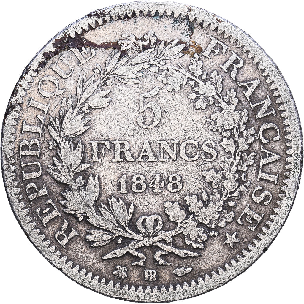 France, 5 Francs, Hercule, 1848, Strasbourg, Silver, VF(30-35), Gadoury:683