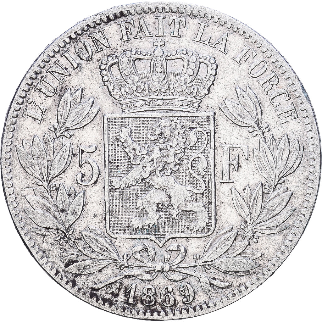 Bélgica, Leopold II, 5 Francs, 5 Frank, 1869, Brussels, Plata, MBC, KM:24
