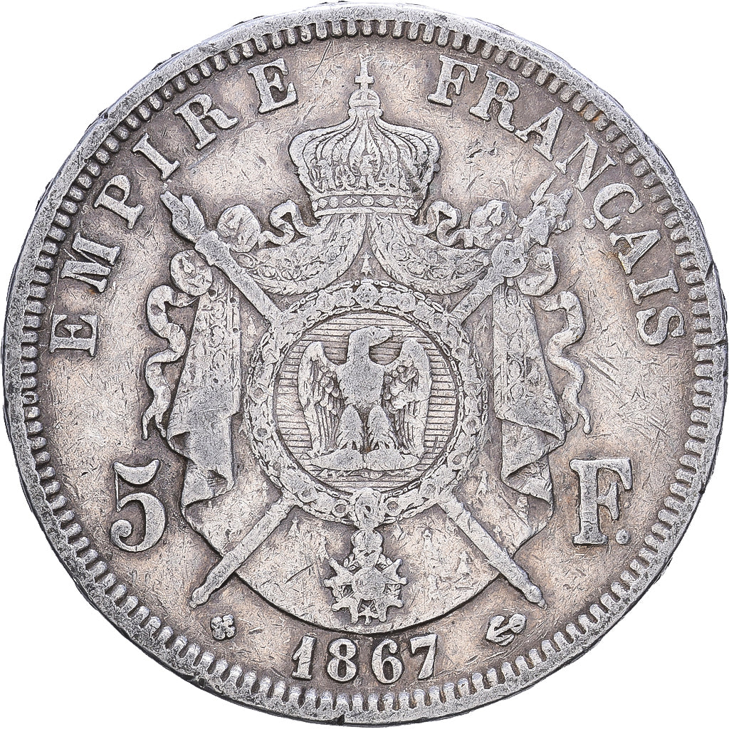France, Napoleon III, 5 Francs, 1867, Strasbourg, Silver, VF(30-35)