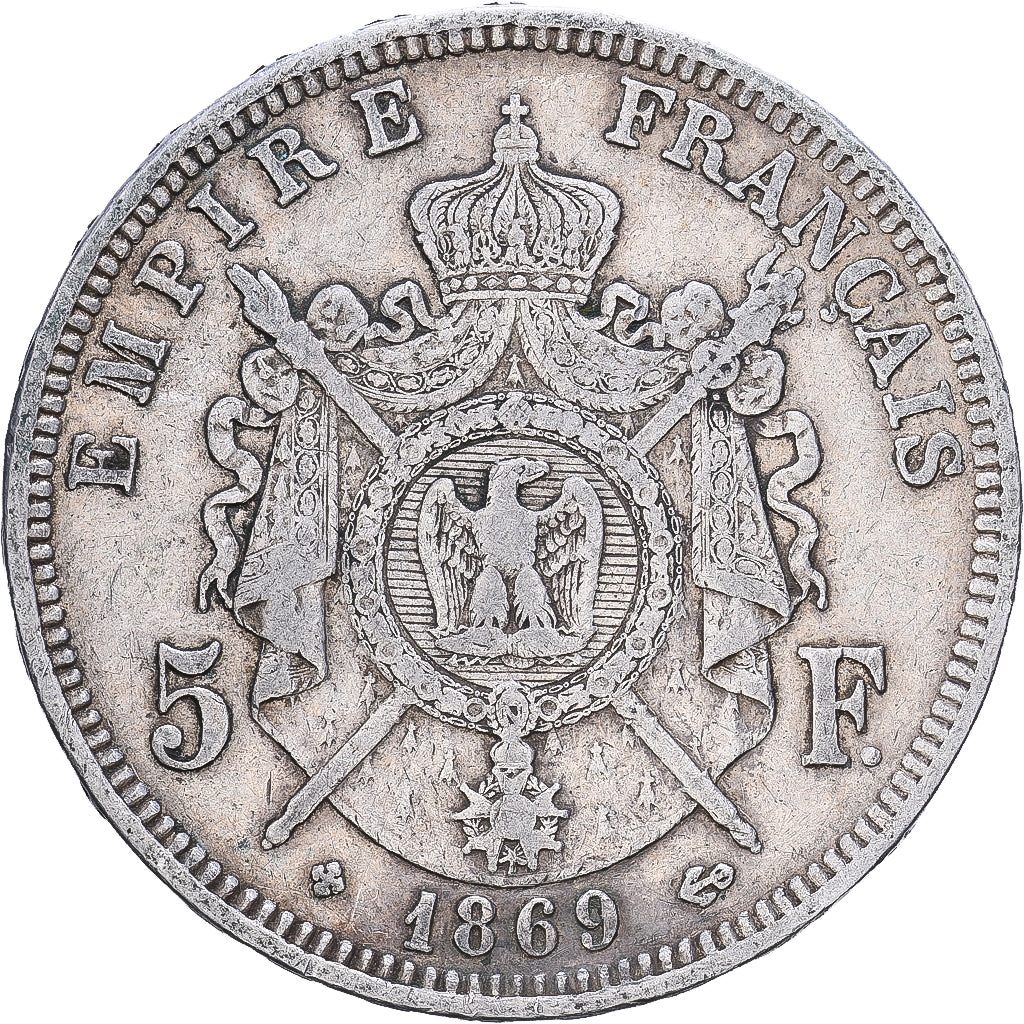 Francja, Napoleon III, 5 Francs, 1869, Strasbourg, Srebro, VF(30-35)