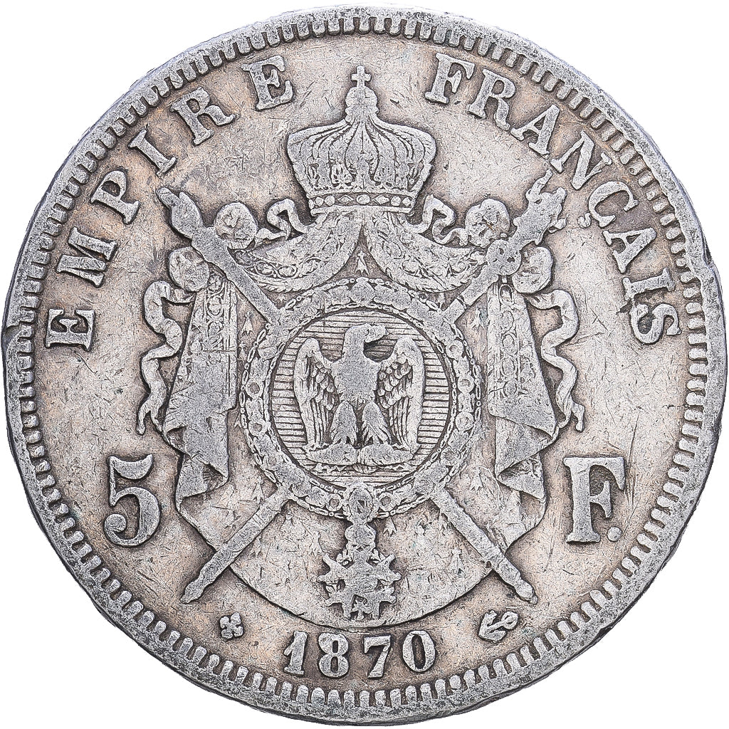 France, Napoleon III, 5 Francs, 1870, Strasbourg, Silver, VF(30-35)