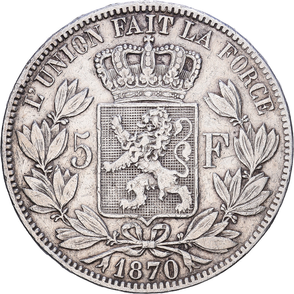 Bélgica, Leopold II, 5 Francs, 5 Frank, 1870, Brussels, Prata, VF(30-35), KM:24