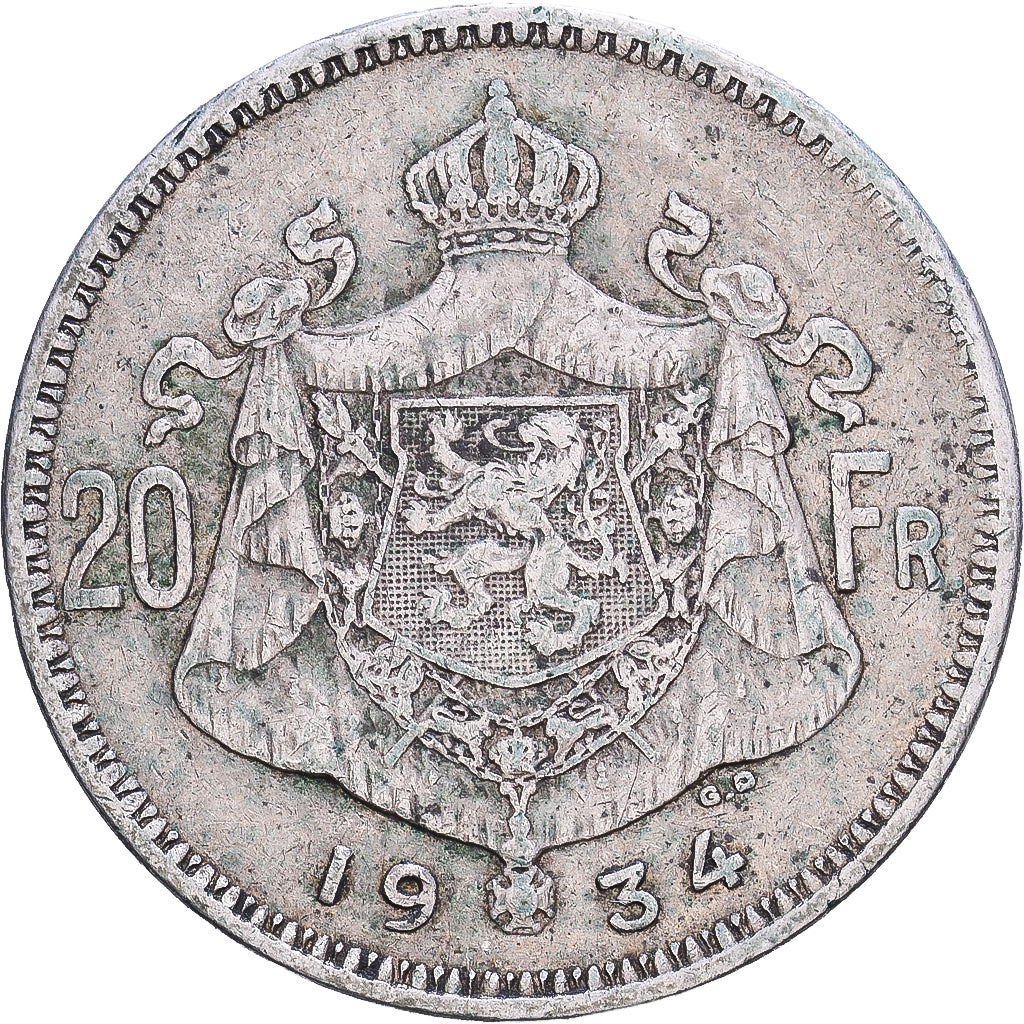 Belgium, Albert I, 20 Francs, 20 Frank, 1934, Brussels, Silver, VF(30-35)