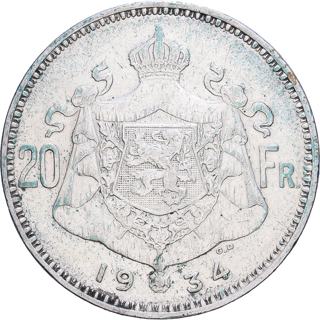 Bélgica, Albert I, 20 Francs, 20 Frank, 1934, Brussels, Prata, EF(40-45)
