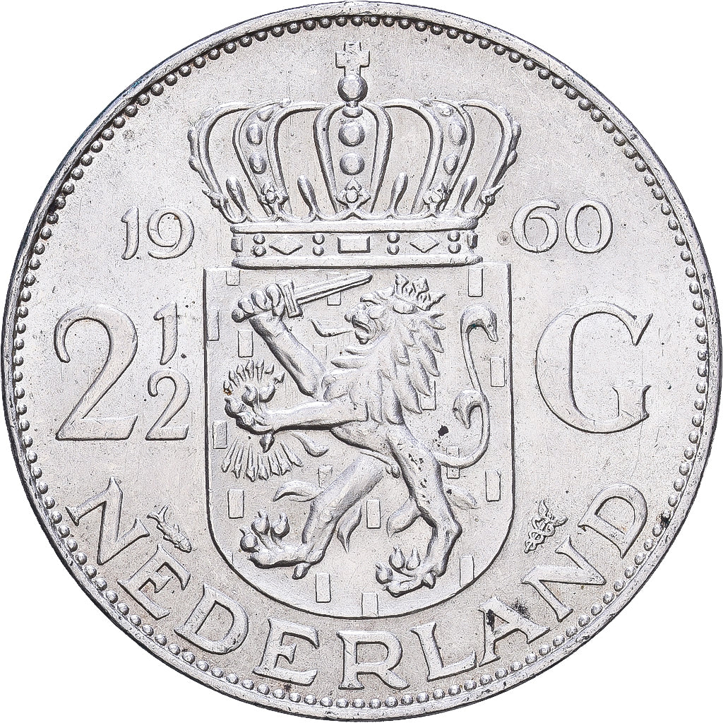 Países Bajos, Juliana, 2-1/2 Gulden, 1960, Plata, EBC, KM:185