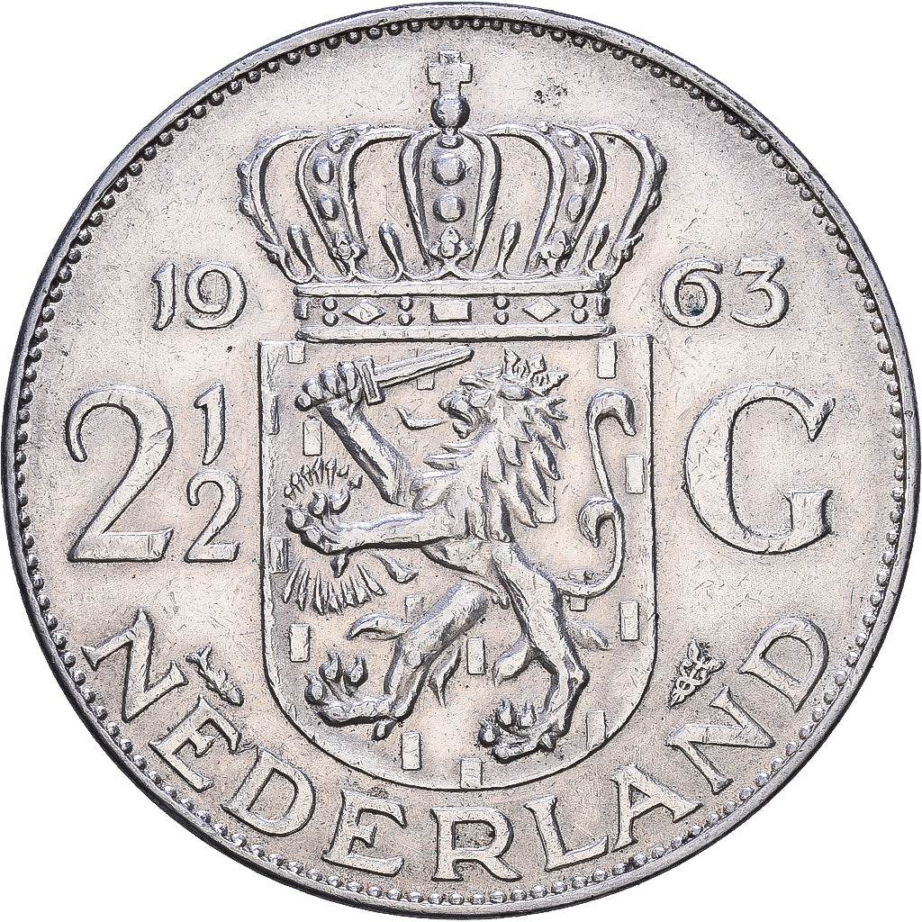 Nederland, Juliana, 2-1/2 Gulden, 1963, Zilver, ZF+, KM:185