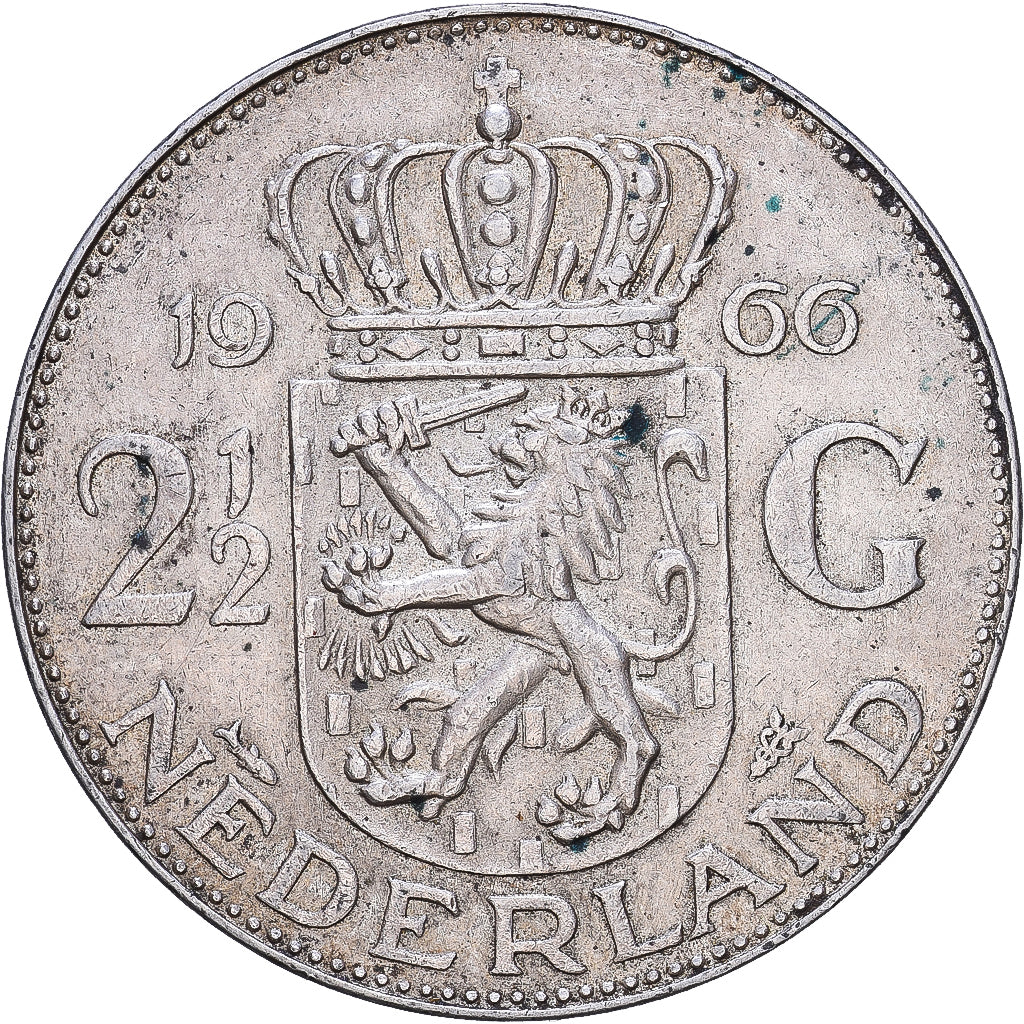 Países Baixos, Juliana, 2-1/2 Gulden, 1966, Prata, AU(50-53), KM:185