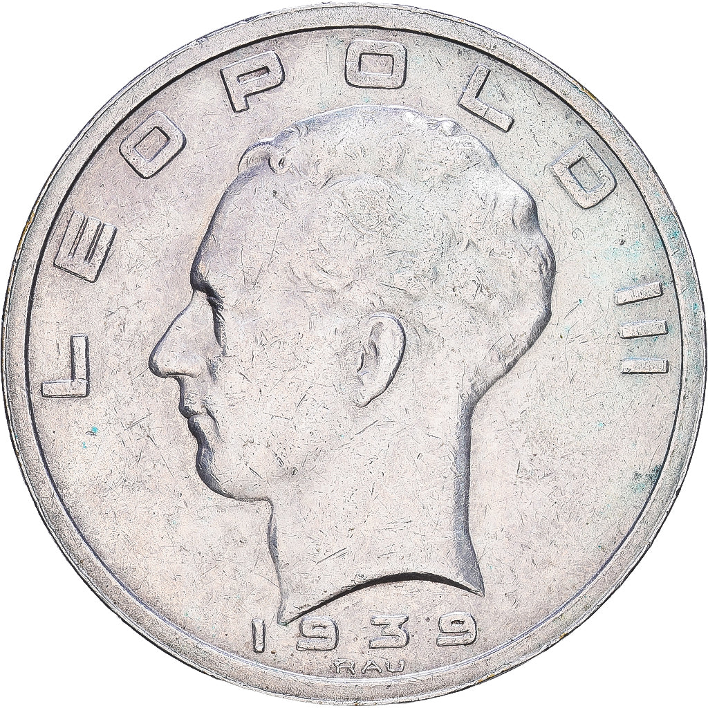 Belgio, Leopold III, 50 Francs, 50 Frank, 1939, Brussels, Argento, BB+, KM:122.1