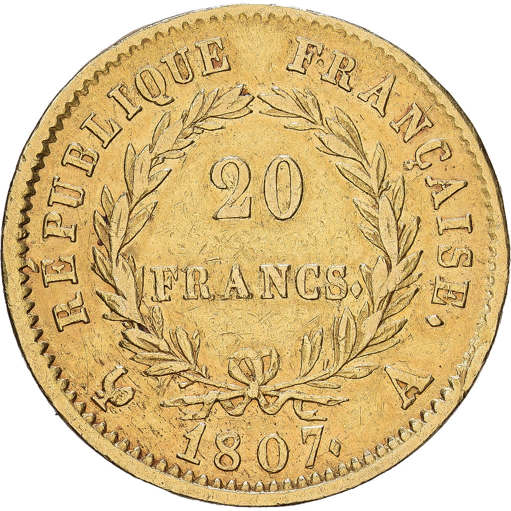 France, Napoleon I, 20 Francs, 1807, Paris, Gold, VF(30-35), Gadoury:1023a