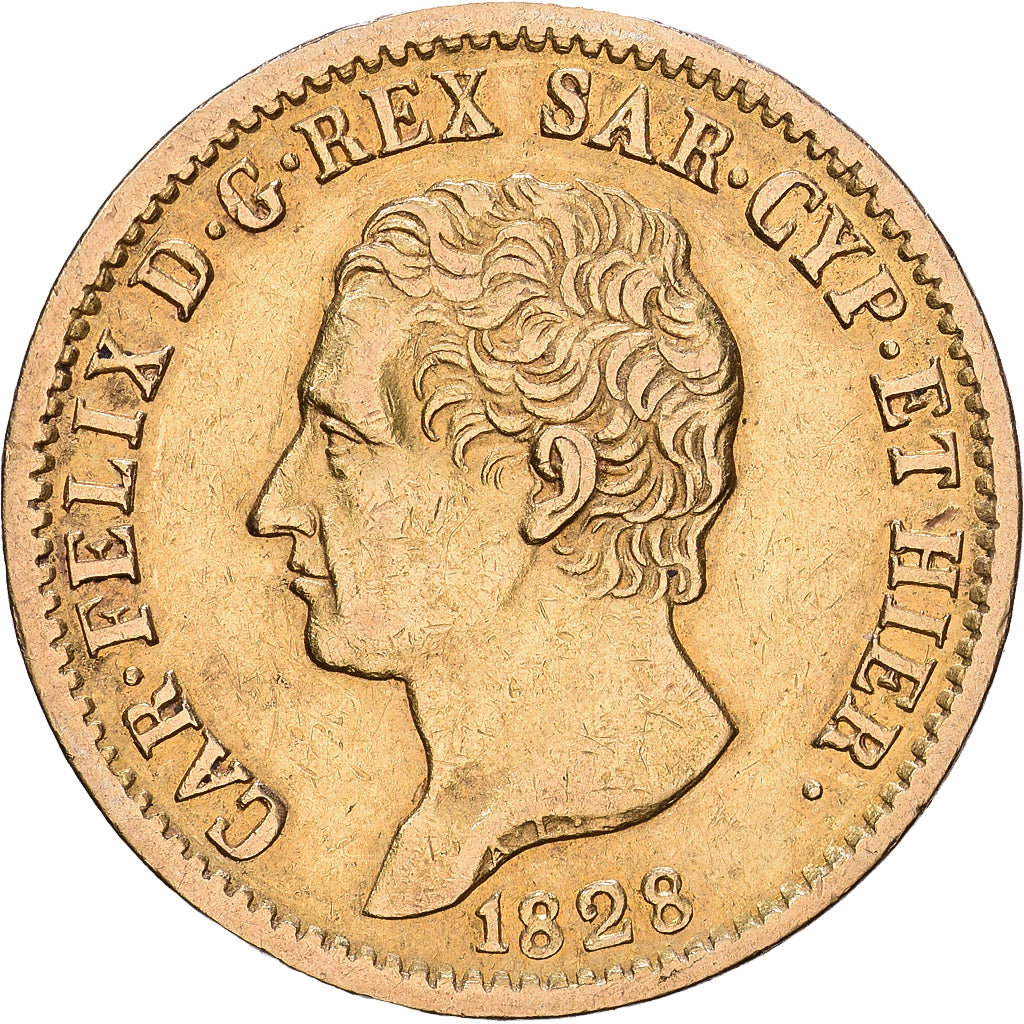 DEPARTAMENTY WŁOSKIE, SARDINIA, Carlo Felice, 20 Lire, 1828, Torino, Złoto