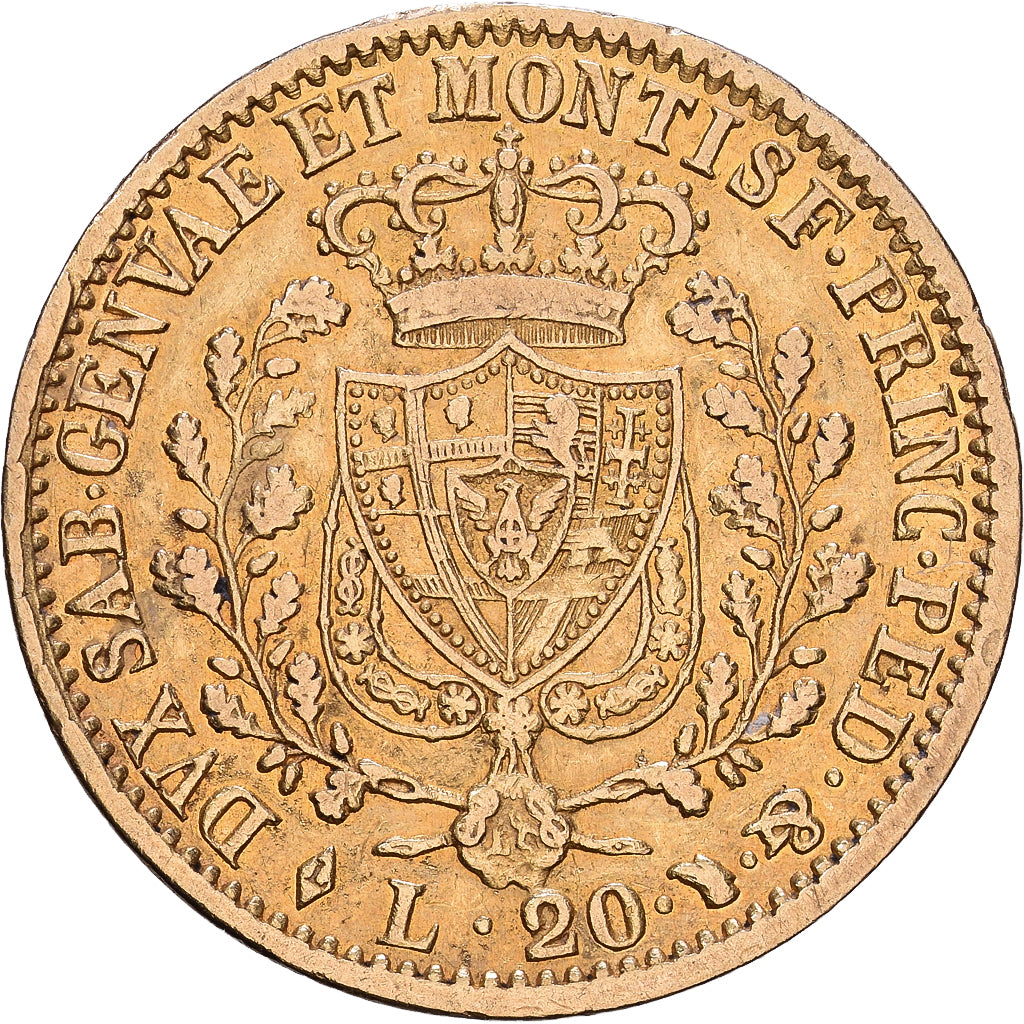 DEPARTAMENTY WŁOSKIE, SARDINIA, Carlo Felice, 20 Lire, 1828, Torino, Złoto
