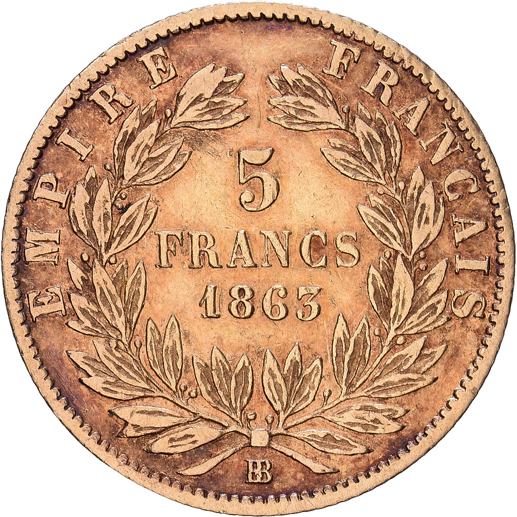 Frankreich, Napoleon III, 5 Francs, 1863, Strasbourg, Gold, S+, Gadoury:1002