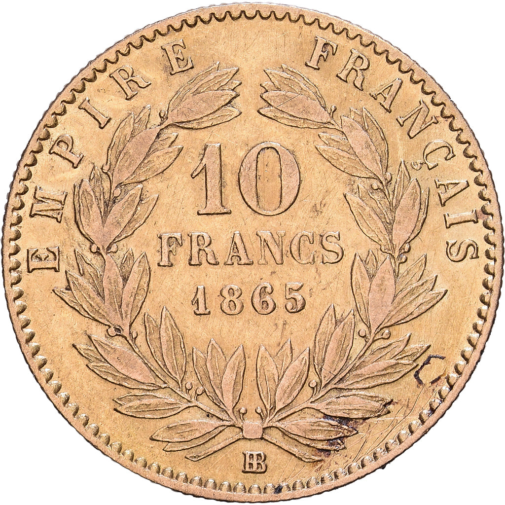 Frankrijk, Napoleon III, 10 Francs, 1865, Strasbourg, Goud, ZF+, Gadoury:1015