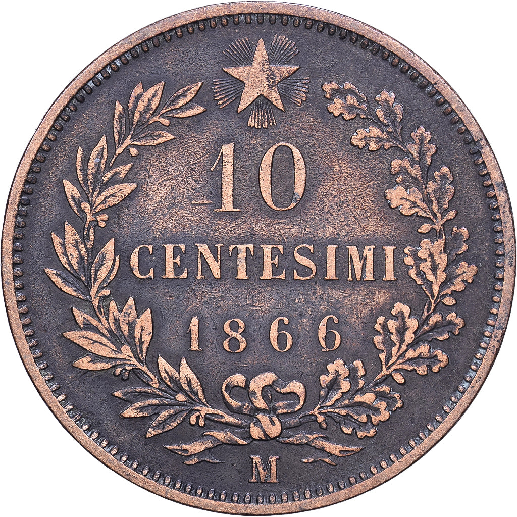 Italy, Vittorio Emanuele II, 10 Centesimi, 1866, Milan, Copper, VF(30-35)