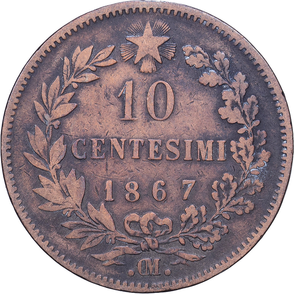 Italy, Vittorio Emanuele II, 10 Centesimi, 1867, Strasbourg, Copper, VF(30-35)