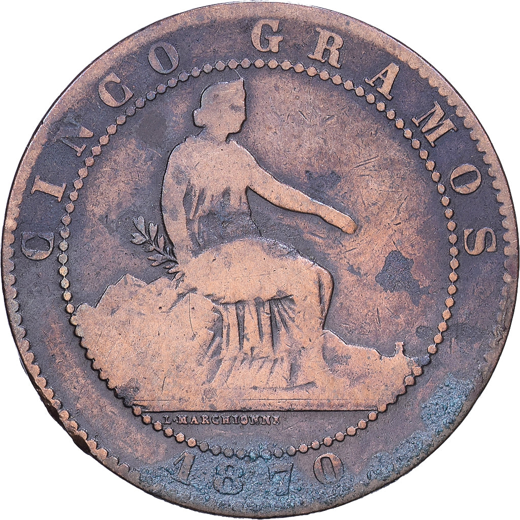 Hiszpania, Provisional Government, 5 Centimos, 1870, Madrid, Miedź, VF(20-25)