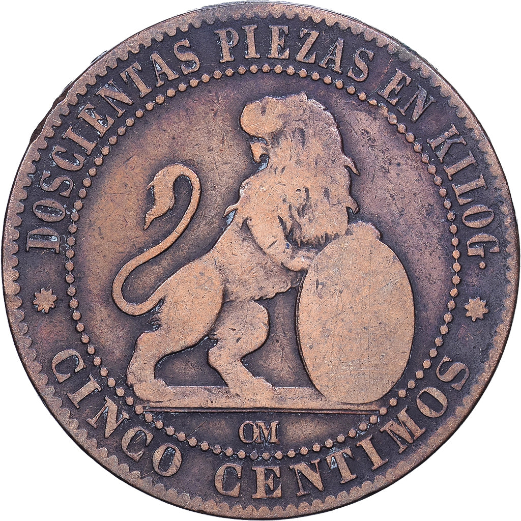 Hiszpania, Provisional Government, 5 Centimos, 1870, Madrid, Miedź, VF(20-25)