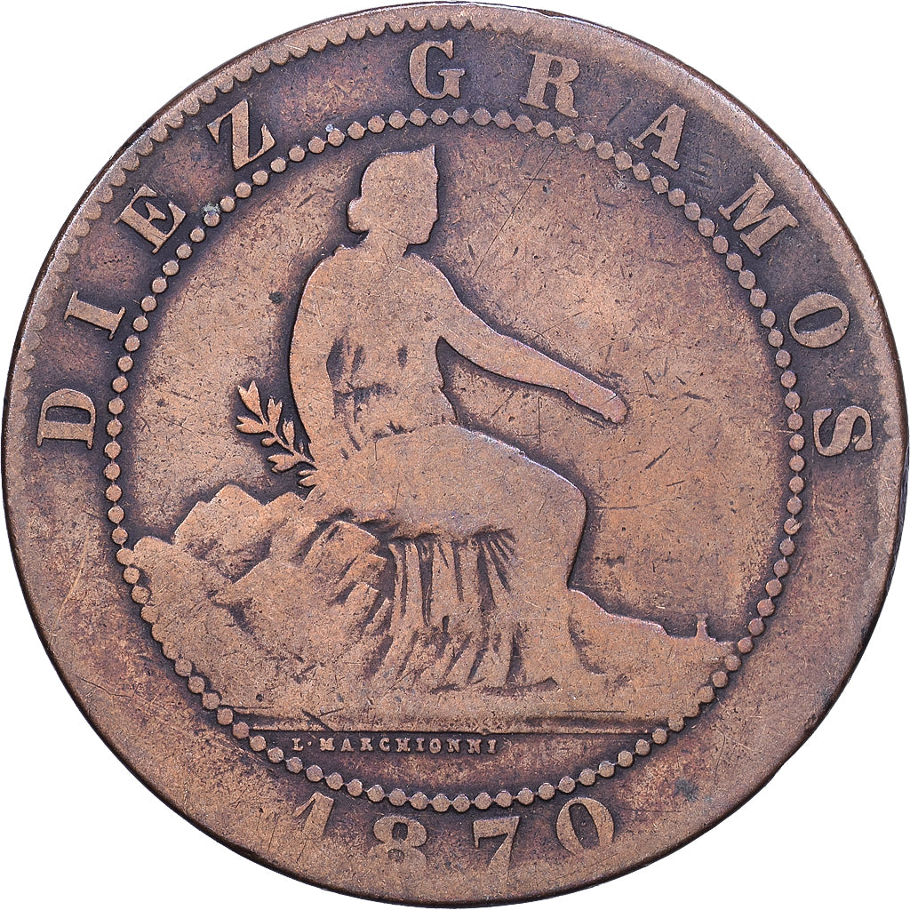 Espanha, Provisional Government, 10 Centimos, 1870, Madrid, Cobre, VF(20-25)