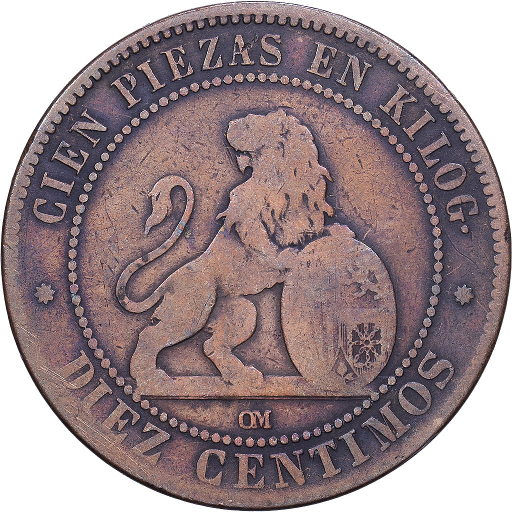 Espanha, Provisional Government, 10 Centimos, 1870, Madrid, Cobre, VF(20-25)