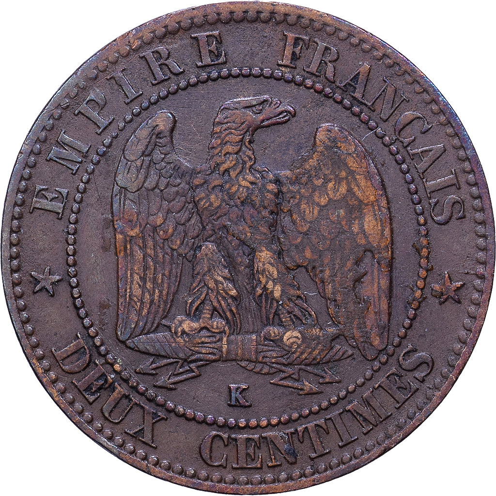 Francia, Napoleon III, 2 Centimes, 1862, Bordeaux, Bronzo, BB, Gadoury:104