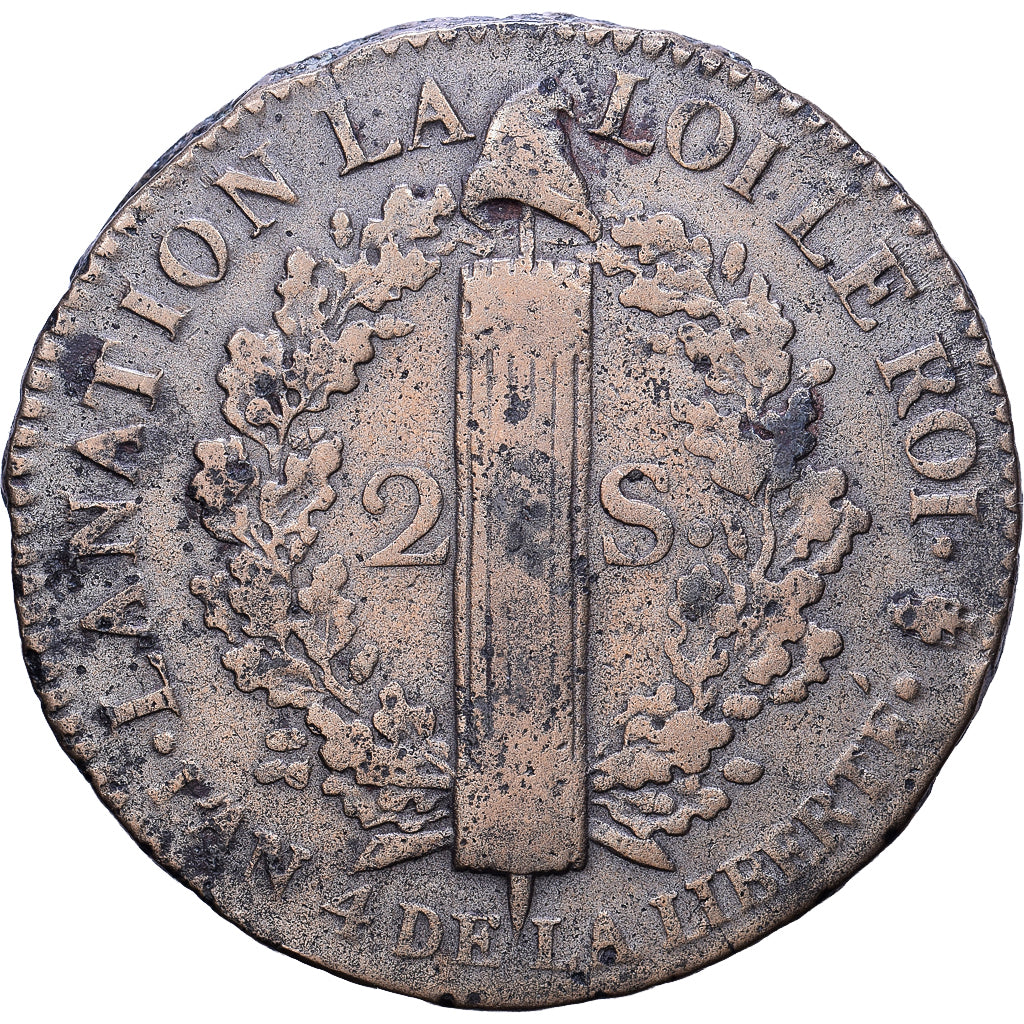 Francia, Constitution, 2 sols françois, 1792, Paris, An 4, Bronzo, MB+