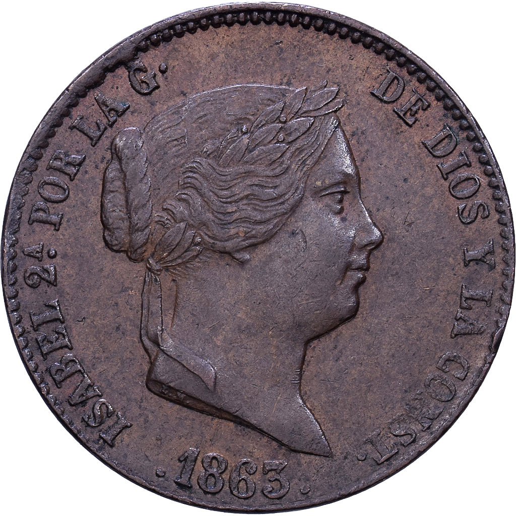 Spagna, Isabel II, 25 Centimos, 1863, Segovia, Rame, BB, KM:615.2