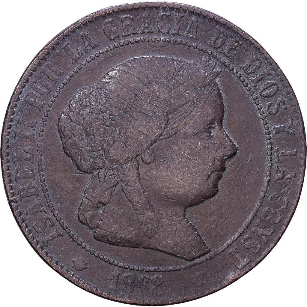 Espanha, Isabel II, 5 Centimos, 1868, Madrid, Cobre, VF(30-35), KM:635.1