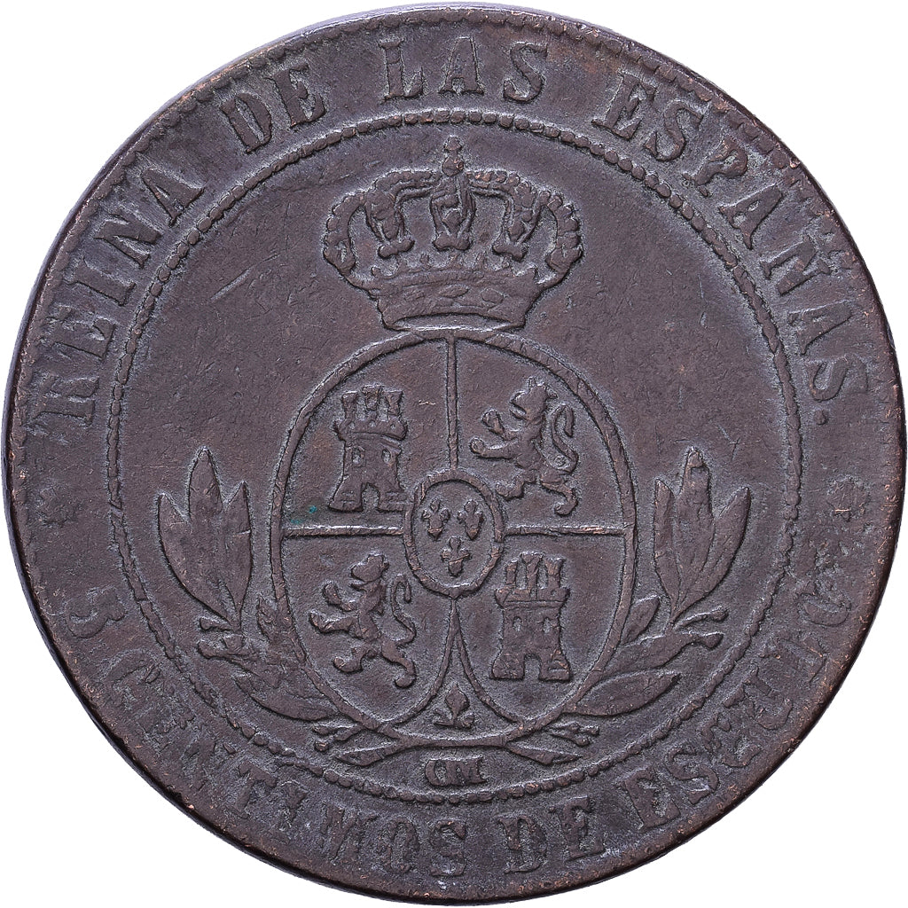 Espanha, Isabel II, 5 Centimos, 1868, Madrid, Cobre, VF(30-35), KM:635.1